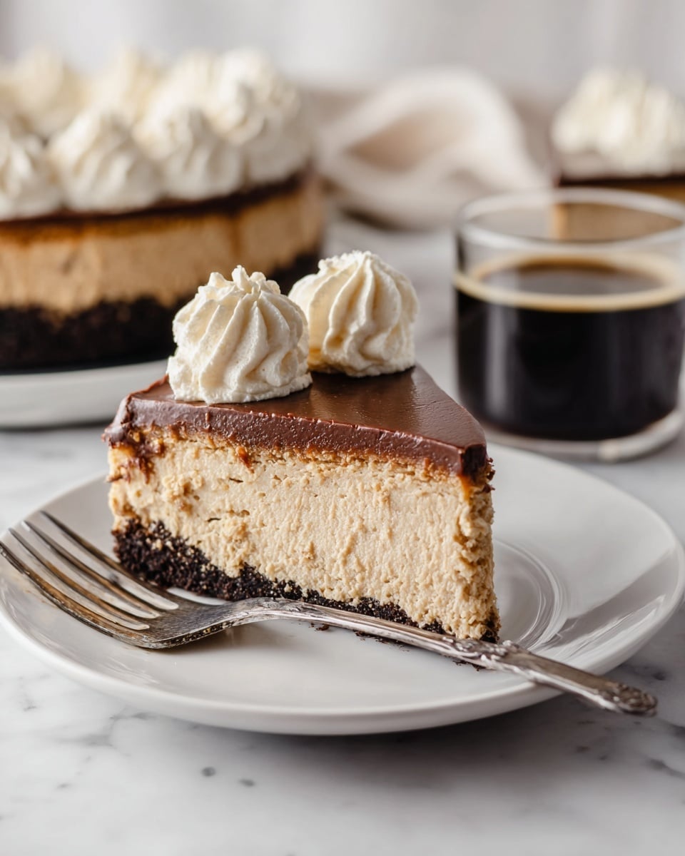The image shows a slice of cheesecake on a white plate with a silver fork in front of it. The cheesecake has three layers: a dark brown crumbly crust at the bottom, a thick light tan cream cheese layer in the middle with a soft texture, and a smooth dark chocolate layer on top. On the top surface, there are two swirls of light tan whipped cream placed near the back edge. In the blurry background, there is a second slice of the same cheesecake on a white plate and a clear glass cup filled with black coffee. The scene is set on a white marbled surface. Photo taken with an iphone --ar 4:5 --v 7