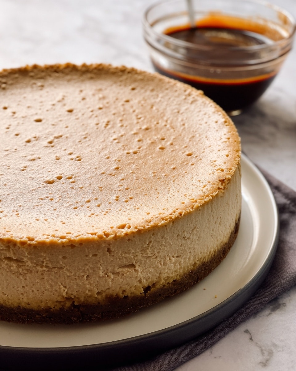 A round cheesecake with one thick layer, light brown in color with a slightly rough and bubbly texture on the top surface and smooth sides that show some small bubbles. The cake sits on a white plate with a dark edge, placed on a white marbled surface. Behind the cake, there is a clear glass bowl containing a dark brown sauce or chocolate. Photo taken with an iphone --ar 4:5 --v 7