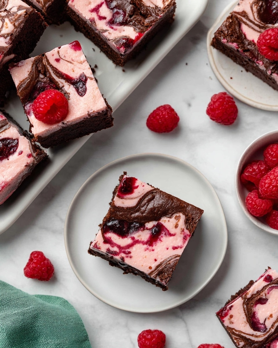 The image shows several square brownies with three distinct layers: a dark brown chocolate base, a pink creamy top layer swirled with dark red berry sauce, and some shiny berry pieces mixed inside. The brownies are on white plates and a white tray, placed on a white marbled surface. Around the brownies are fresh red raspberries scattered as decoration, and a small green cloth is partially visible on the left side. One brownie is centered on a white plate, and some brownies are close together on the tray, showing the rich texture and swirled pattern clearly. photo taken with an iphone --ar 4:5 --v 7