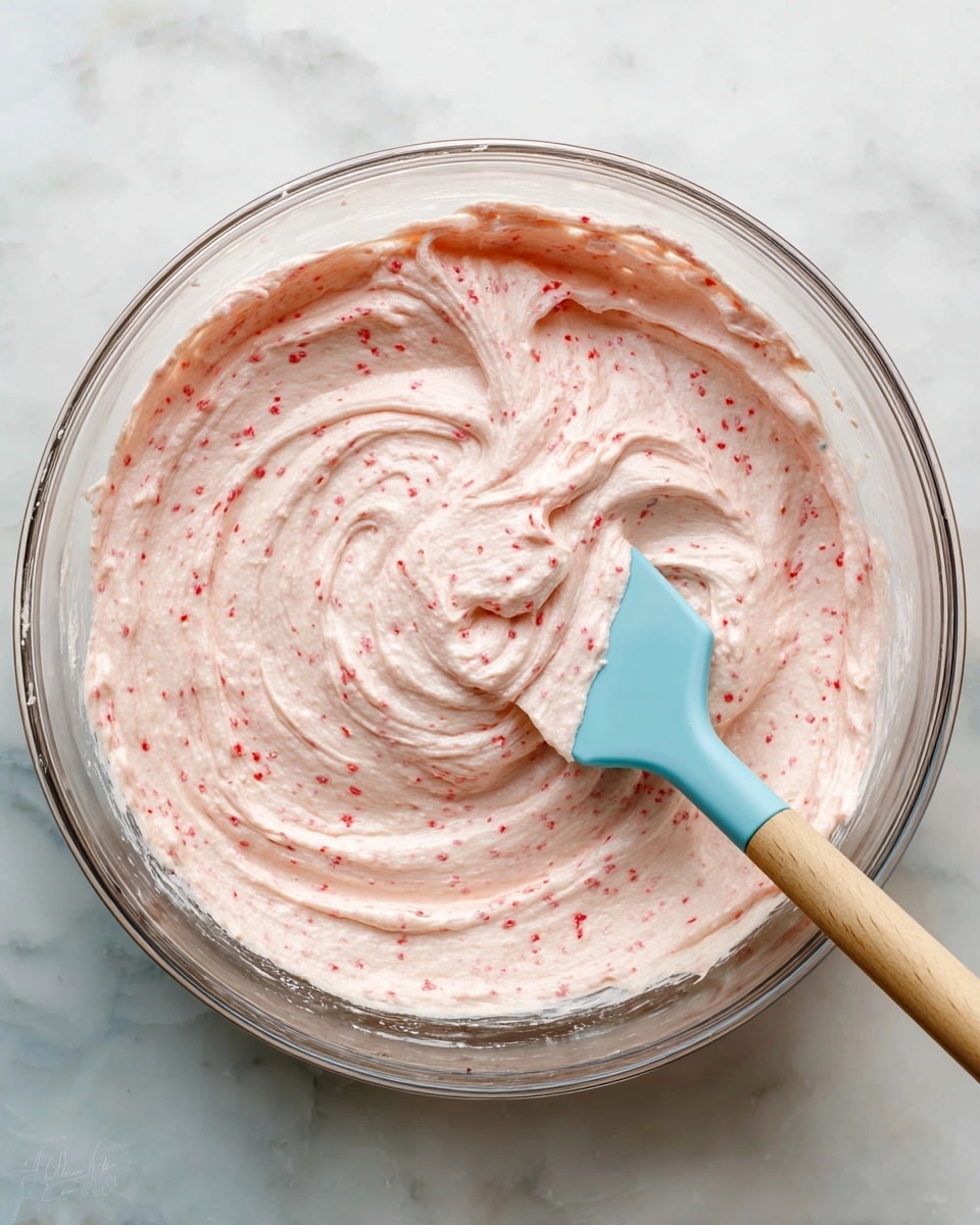 A clear glass bowl sits on a white marbled surface with a creamy mixture inside, showing one even layer of thick, light pink cream with tiny red specks evenly spread throughout. A blue silicone spatula with a wooden handle is partly stirred into the cream on the right side, creating soft, smooth swirls and curls on the surface. The texture looks soft and airy, with gentle peaks and rounded folds in the cream. photo taken with an iphone --ar 4:5 --v 7