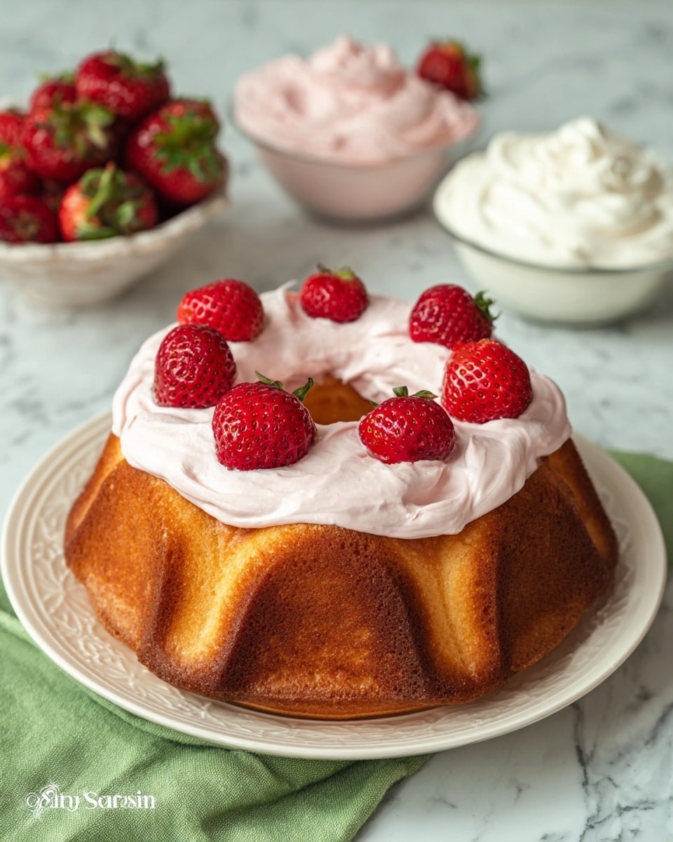 The image shows a round bundt cake with a golden brown crust and a slightly darker bottom edge, placed on a white plate with a subtle embossed pattern. On top of the cake is a thick ring of light pink whipped cream, with fresh red strawberries arranged evenly around the cream layer. In the background, there is a bowl filled with whole strawberries and another bowl with extra pink whipped cream, all set on a white marbled surface. A green cloth napkin lies under the plate. The photo taken with an iphone --ar 4:5 --v 7