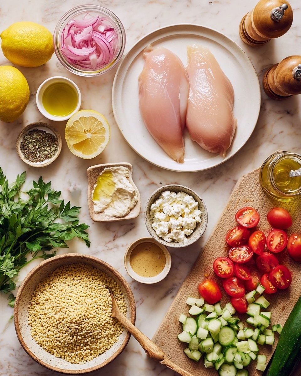 A flat lay of fresh cooking ingredients on a white marbled surface, featuring two raw chicken fillets with a shiny, pale pink texture placed on a white plate at the center. To the right, a white bowl holds one whole lemon and lemon slices in bright yellow. Below the lemon bowl are small dishes containing a creamy white sauce with a wooden spoon, a mix of dried herbs and coarse white salt, smooth mustard-yellow sauce, and a beige paste. At the bottom center, a rustic bowl filled with light yellow orzo pasta sits beside a small wooden bowl of crumbly white feta cheese. Fresh parsley with vibrant green leaves rests beside the plate and the orzo bowl. In the bottom right corner, a light wooden cutting board displays halved and whole red cherry tomatoes with a glossy surface, alongside chopped green cucumber pieces. A jar of pink pickled onions and a wooden pepper grinder and olive oil bottle are visible near the top left. The image has warm, natural lighting, and looks inviting. photo taken with an iphone --ar 4:5 --v 7