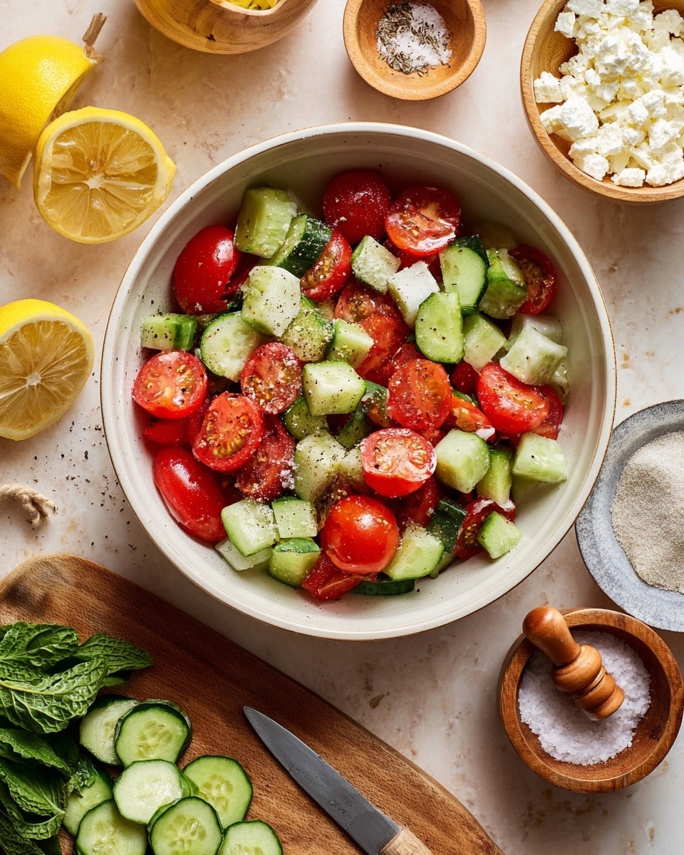 A white bowl filled with a fresh salad of halved cherry tomatoes and chopped cucumbers, both showing bright red and green colors with a light sprinkle of black pepper and salt. Surrounding the bowl are a wooden bowl of white crumbly cheese, a white bowl holding two squeezed lemon halves with a wooden lemon squeezer, and another small wooden bowl filled with coarse salt. Below the salad bowl is a wooden cutting board with sliced cucumber rounds, fresh leafy green herbs, and a kitchen knife with a wooden handle. The whole scene is set on a white marbled surface with a warm, natural light. photo taken with an iphone --ar 4:5 --v 7