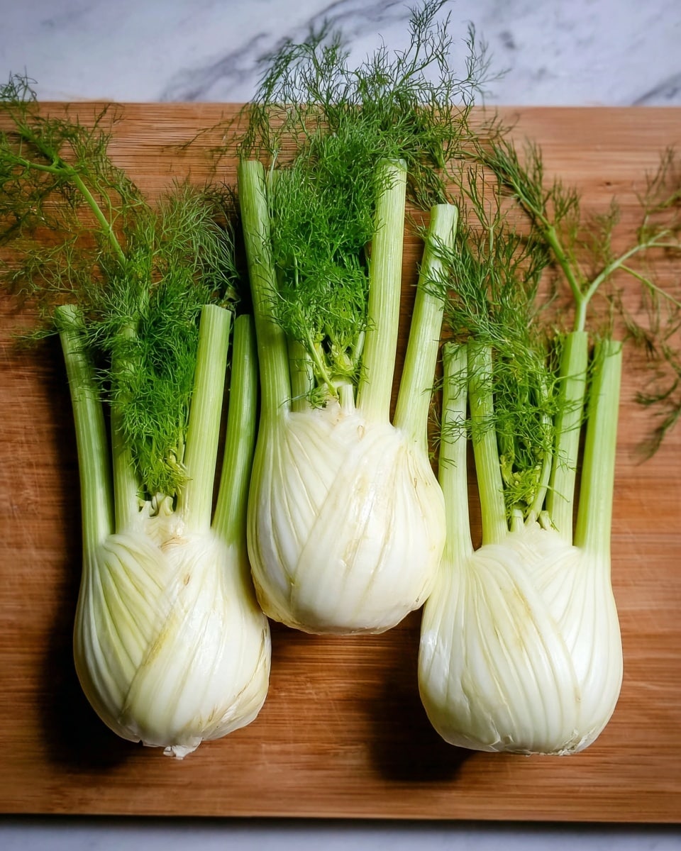 Three fresh fennel bulbs with green stalks and feathery leaves are placed side by side on a smooth wooden cutting board, showing their white layered, ribbed bases clearly in the foreground. The background is a white marbled texture. Photo taken with an iphone --ar 4:5 --v 7