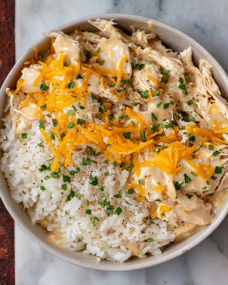 The image shows a bowl with layers of food starting with a base of creamy, light beige chicken and sauce mixture with tender shredded chicken pieces spread evenly. On top of this is a layer of fluffy white rice sprinkled with melted yellow cheese peeking through. The dish is garnished with small chopped green herbs evenly spread and a light dusting of black pepper. The bowl is white and the background is a white marbled texture. photo taken with an iphone --ar 4:5 --v 7