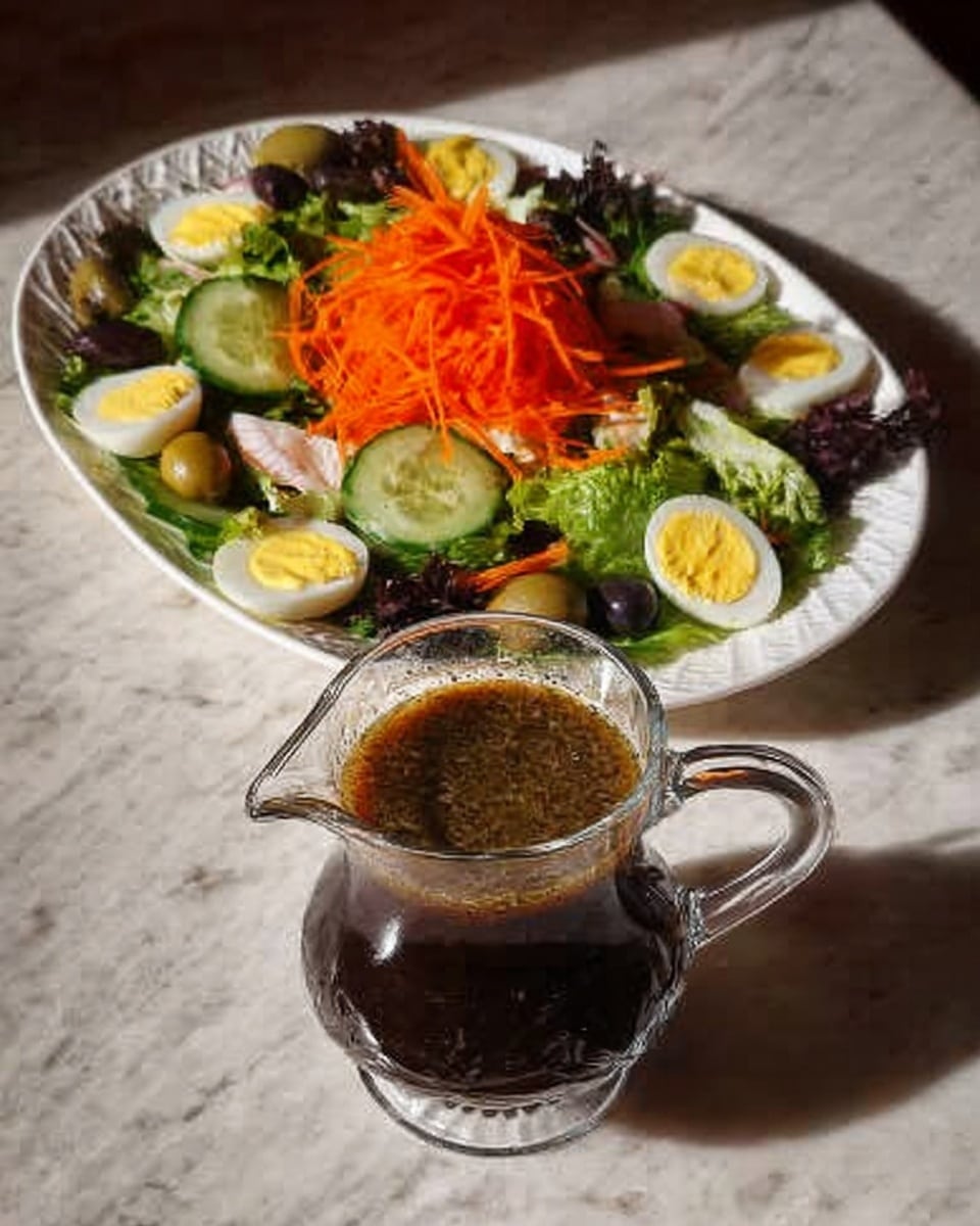 A white oval plate holds a fresh green salad with several layers: dark green leafy lettuce forms the base, topped with a mound of thinly shredded bright orange carrots in the center. Around the edges, quartered hard-boiled eggs with white and yellow parts are placed alternately with black olives and slices of cucumber showing pale green flesh and darker green skin. In front of the plate, a glass gravy boat filled with a dark, oily salad dressing rests on a white marbled surface. The lighting highlights the textures and colors in a natural way, photo taken with an iphone --ar 4:5 --v 7