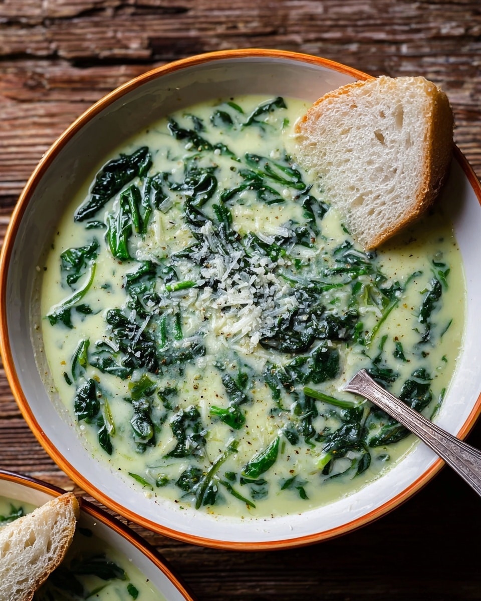 A bowl of creamy spinach soup with a light green base filled with dark green wilted spinach leaves spread evenly throughout. The soup is topped with a sprinkle of grated white cheese in the center. A slice of white bread rests partially dipped on the right side of the bowl, which is white with a thin orange rim. A tarnished silver spoon lies inside the bowl, angled slightly towards the top right. The bowl is set on a wooden surface with a visible wood grain texture. Photo taken with an iphone --ar 4:5 --v 7