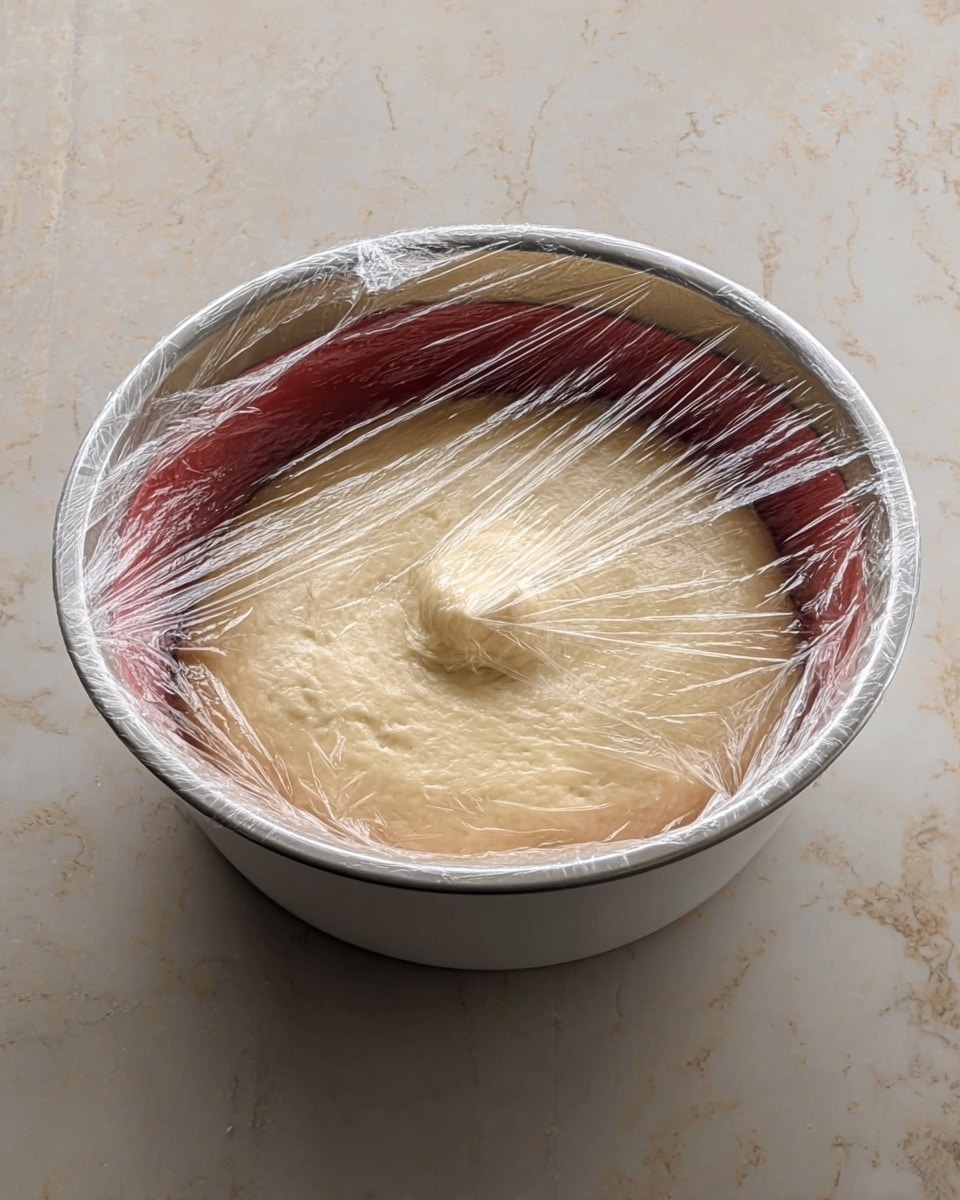 A large silver mixing bowl sits on a white marbled surface, holding a smaller white bowl inside it. Inside the smaller bowl, there is a thick dough covered with clear plastic wrap that fits snugly over the edge of the bowl. The dough is pale yellow and smooth, with a slightly raised, rounded top and a small circular indentation in the center. The plastic wrap is slightly wrinkled and shiny, covering the dough completely. Photo taken with an iphone --ar 4:5 --v 7