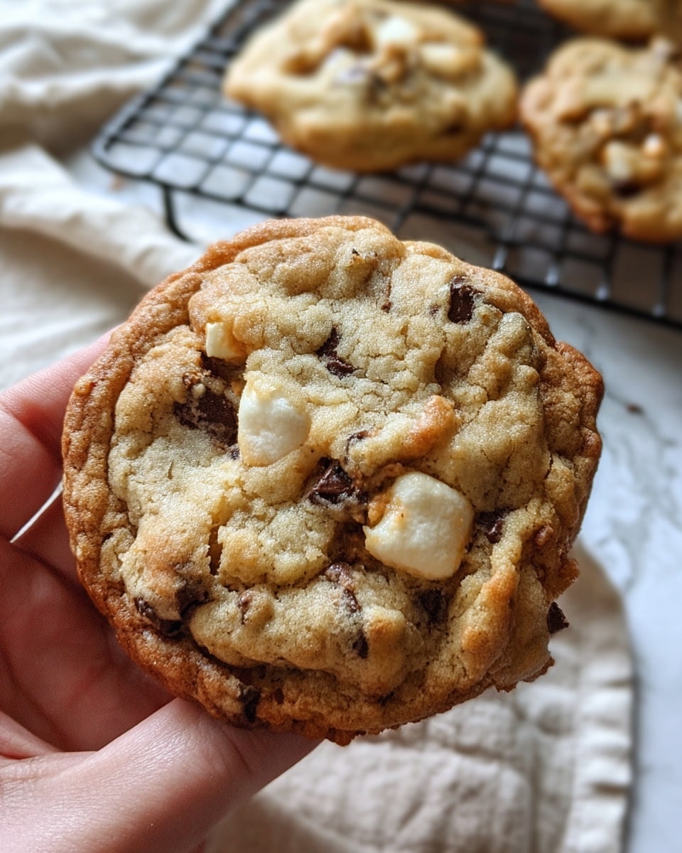 A close-up of a large cookie held by a woman's hand shows a golden-brown top with a slightly crisp texture and soft, lighter areas. The cookie has visible chunks of melted dark chocolate and white marshmallow pieces, which add contrasting colors and textures. In the blurred background, more cookies rest on a black cooling rack over a white marbled surface, with a pale textured cloth nearby. The overall scene focuses on the homemade, warm and soft look of the cookie. photo taken with an iphone --ar 4:5 --v 7