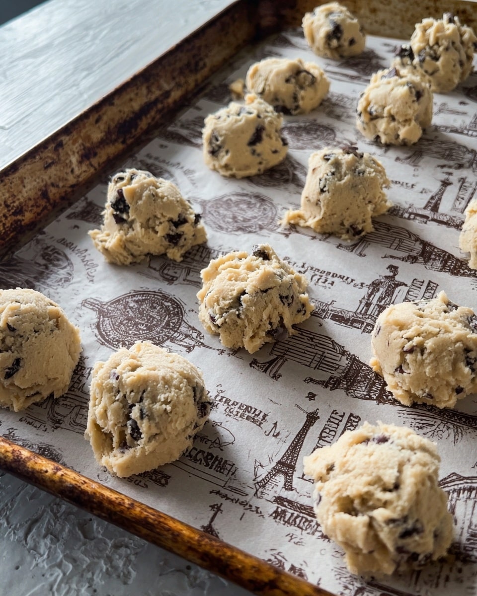 A metal baking tray with a worn brown edge holds multiple rounded dollops of light beige cookie dough with visible dark chocolate chunks mixed throughout. The dough mounds are uneven and thick, spaced evenly on parchment paper that has decorative brown text and drawings printed on it, including parts of the Eiffel Tower. The background shows kitchen cabinets and a white marbled textured surface. photo taken with an iphone --ar 4:5 --v 7