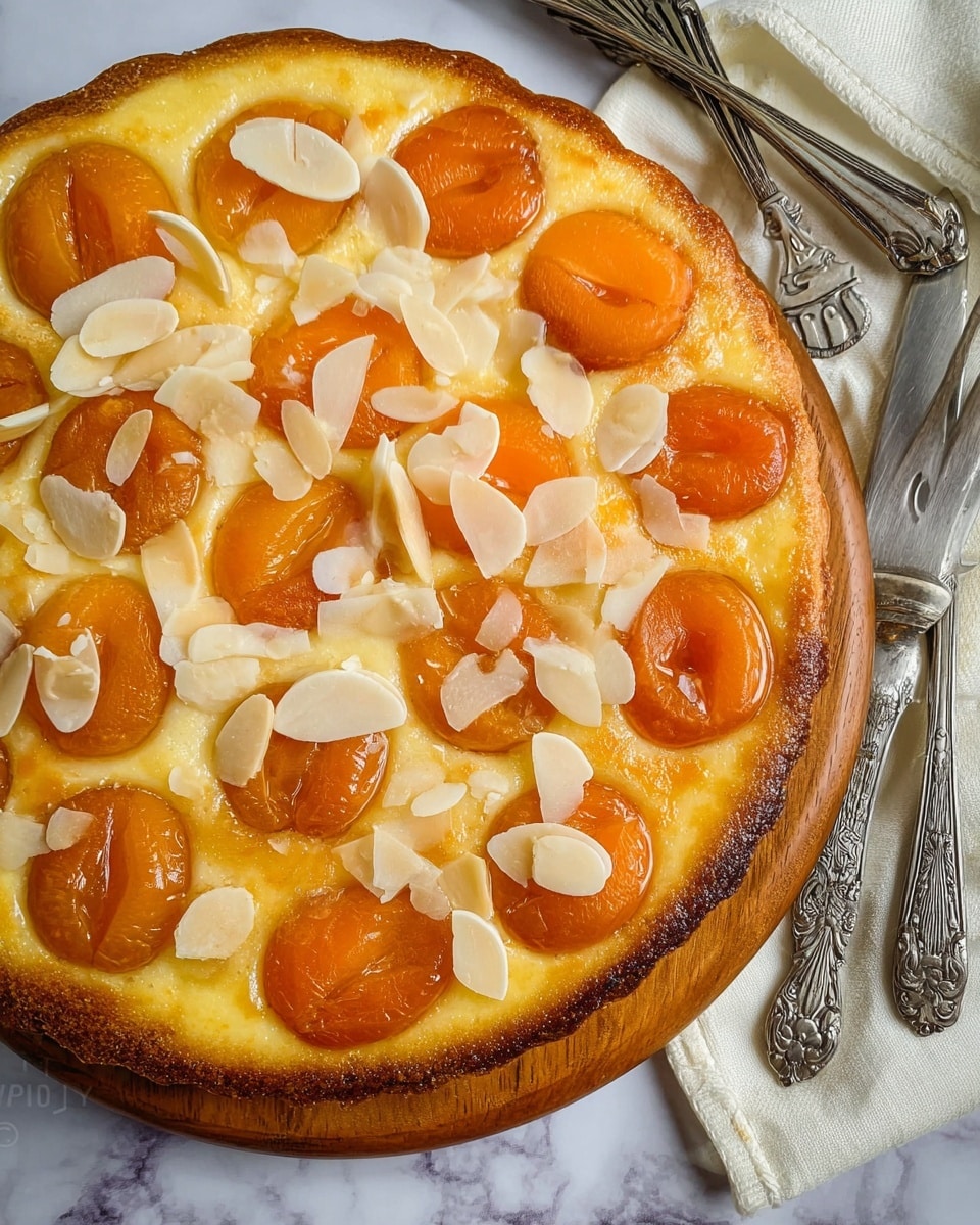 The image shows a round tart with a golden brown crust layered at the bottom and sides. The tart filling is light yellow, creamy, and slightly bubbly, filling the crust evenly. On top are halved orange apricots arranged in a neat pattern, slightly sunken into the filling. Scattered over the top are thin, light cream-colored almond slices adding texture. The tart rests on a wooden board, with part of a white marbled surface and a white cloth napkin nearby. Two silver forks and a vintage-style knife are placed above the tart. Photo taken with an iphone --ar 4:5 --v 7