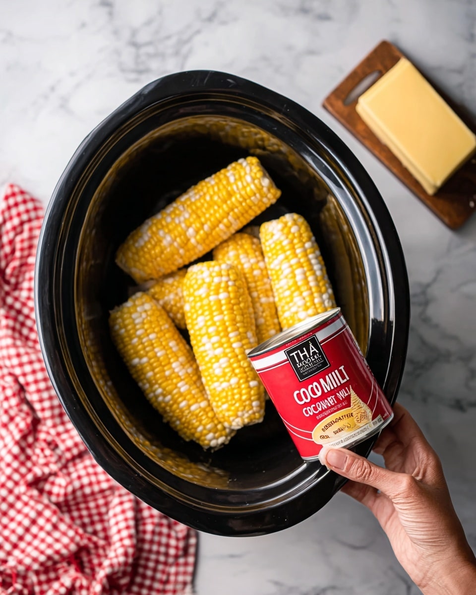 A black slow cooker filled with several pieces of yellow and white corn on the cob, arranged inside. A woman's hand is holding a red and black can of Thai Kitchen unsweetened coconut milk in the foreground, angled slightly over the corn. To the right of the slow cooker on a white marbled surface sits a stick of yellow butter, and in the top left corner, there is a red and white checkered cloth partially visible. The photo taken with an iphone --ar 4:5 --v 7
