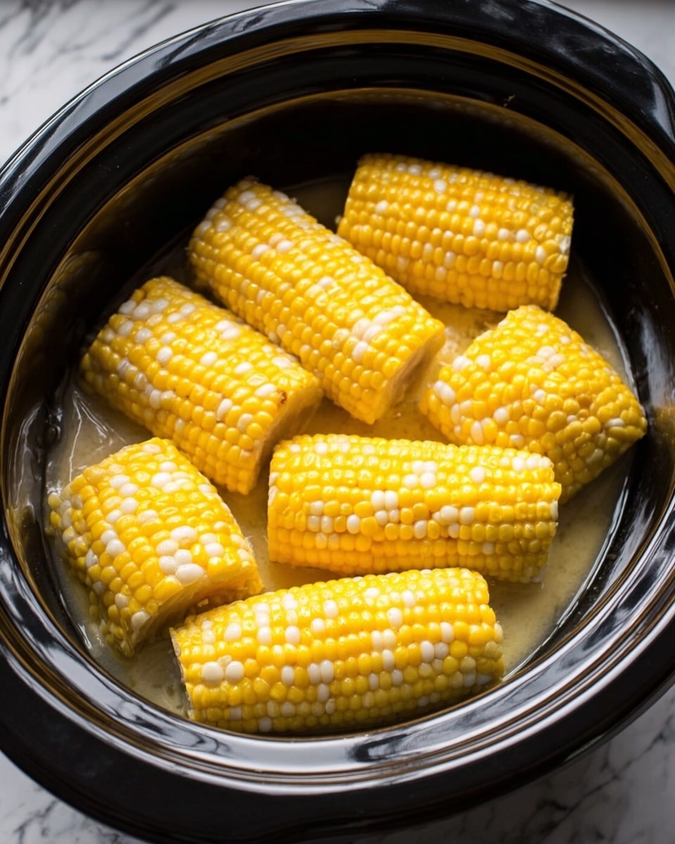 The image shows seven corn on the cob pieces placed inside a black slow cooker pot. Each corn piece has a mix of bright yellow and white kernels, arranged in neat rows, and they are sitting in a shallow pool of melted butter. The butter looks smooth and shiny, covering the bottom of the pot. The black pot has a glossy, curved edge that frames the corn. The background surface is a white marbled texture. Photo taken with an iphone --ar 4:5 --v 7
