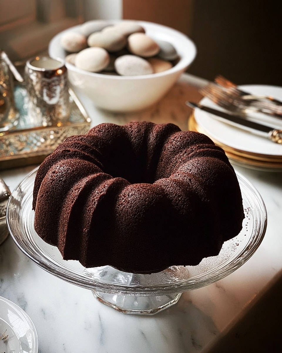 A dark brown Bundt cake with a rough texture sits on a clear glass cake stand. The cake is round with a ring shape and deep ridges on top. The cake stand is on a white marbled surface. In the background, there is a white bowl filled with smooth round stones, a small metallic decorative object, a silver tray, and a stack of white plates with gold trim. Two silver forks are placed near the plates. The scene is softly lit, creating warm shadows. photo taken with an iphone --ar 4:5 --v 7