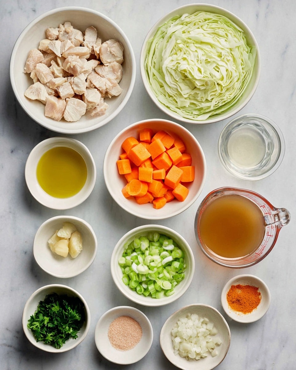 The image shows an arrangement of eleven white bowls with different ingredients on a white marbled surface. From top left, a bowl holds chunky light beige cooked chicken pieces. To its right, a bowl is filled with thinly sliced pale green cabbage. Below the chicken bowl, a small bowl contains golden yellow olive oil. Next to it is a bowl with small orange cubed carrots. Below the cabbage to the right, there is a transparent measuring cup with light brown broth. Below these, from left to right, a bowl with fresh green parsley leaves, a bowl with small pale green chopped celery pieces, and a small bowl with bright orange powder. Below these in the center row, a bowl with small chopped white onions, a tiny bowl with coarse pink salt, and a bowl with tan minced garlic. At the bottom, a tiny bowl contains minced ginger. All items are neatly placed, clearly showing their colors and textures on the clean white marbled surface photo taken with an iphone --ar 4:5 --v 7