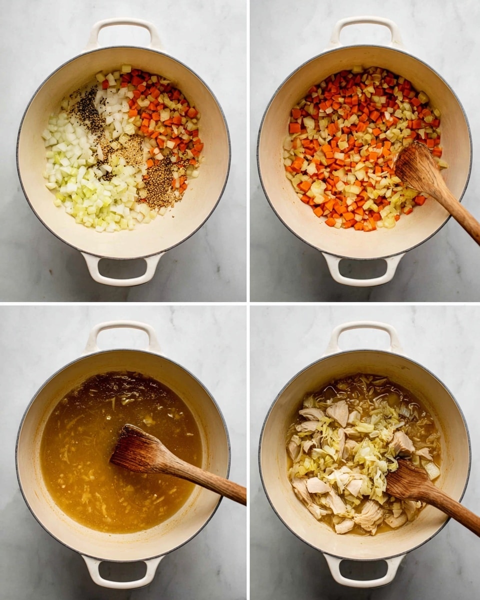 A sequence of four images shows a white pot on a white marbled surface with a wooden spatula inside. The first image has diced white onions, orange carrots, light green celery, black pepper, and light brown minced garlic all layered unevenly in the pot. The second image shows the same vegetables now mixed and cooked, turning brownish-orange with a firmer texture. The third image shows the pot filled with a golden, clear broth with some small bits floating on top, and the wooden spatula stirring gently from the right side. In the last image, pieces of cooked pale chicken and white shredded cabbage are added on top of the broth, partially submerged, with the spatula resting inside. photo taken with an iphone --ar 4:5 --v 7