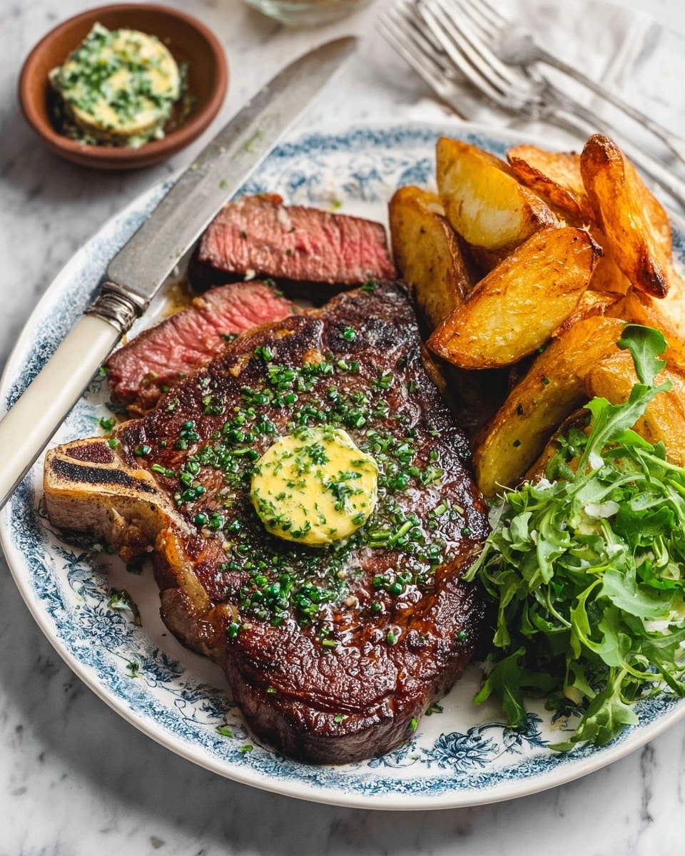 A large steak with a dark brown seared crust and sprinkled green herbs lies on a white plate with a blue pattern. A round pat of bright yellow and green herb butter is melting on top of the steak. The steak is sliced on the lower left, showing a pink and juicy inside. On the right side of the plate, there are golden roasted potato wedges with a crispy texture. At the bottom right, some fresh green leafy salad adds color. In the background, a small brown bowl contains two more herb butter pats, placed on a white marbled surface. A white knife and metal fork rest on the left edge of the plate. photo taken with an iphone --ar 4:5 --v 7