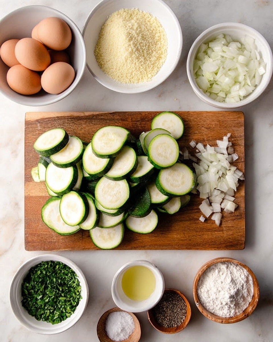 A wooden cutting board sits on a white marbled surface, filled with fresh green zucchini slices stacked loosely in the center. To the right, there is a small mound of chopped white onions and a small wooden bowl with minced garlic beside them. Above the zucchini is a white bowl filled with light yellow breadcrumbs. Below the cutting board, on the marbled surface, there are three white bowls: one with finely chopped green herbs, another with white flour, and a small wooden bowl containing a mix of salt and pepper. To the left of the board, a white bowl holds three brown eggs, and just below it is a small white bowl of pale yellow oil. The photo taken with an iphone --ar 4:5 --v 7