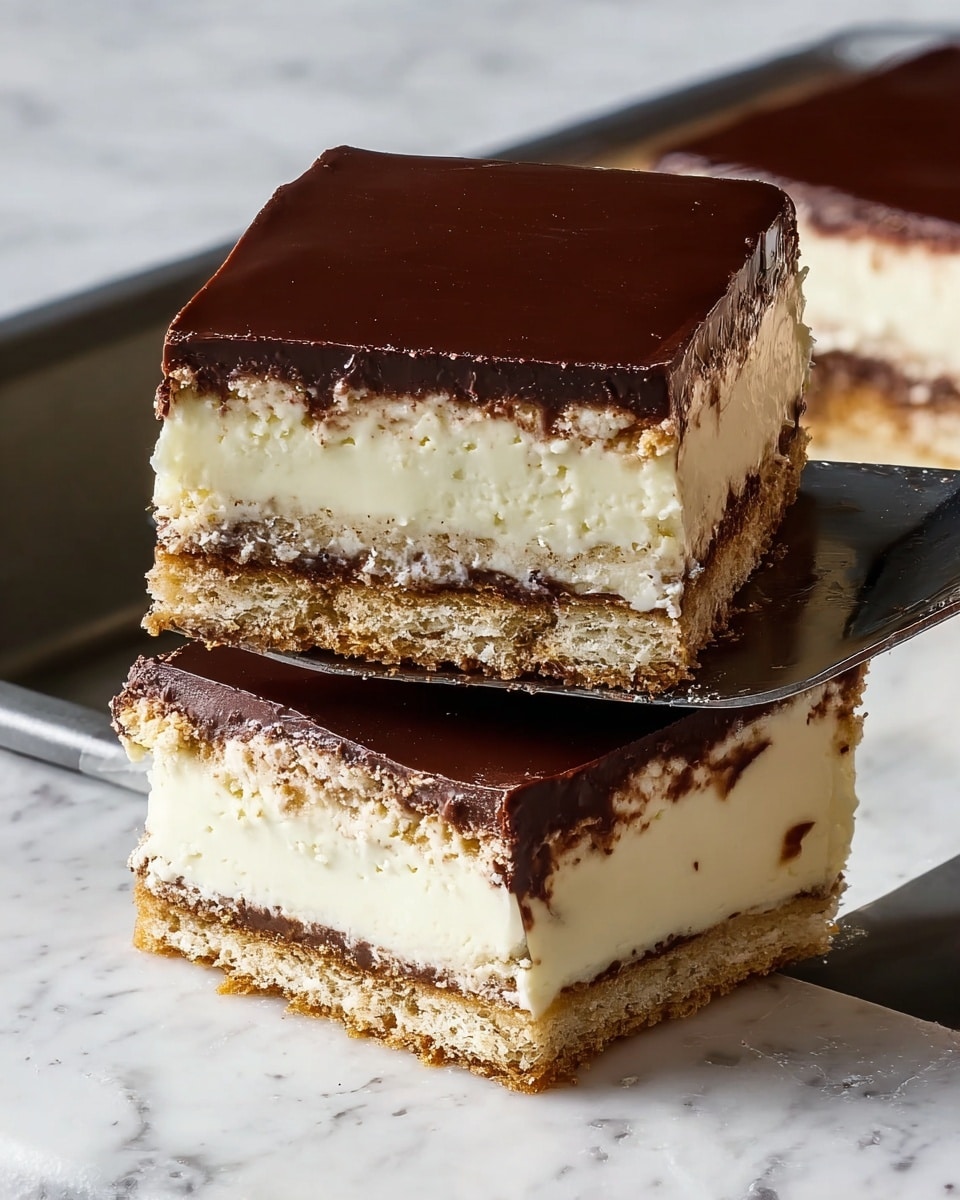 A square piece of layered dessert is being lifted on a spatula from a dark baking pan placed on a white marbled surface. The dessert has four visible layers: the bottom and middle layers are light brown, crumbly biscuit-like textures that hold creamy off-white layers in between. The top layer is a smooth, glossy dark chocolate coating that evenly covers the entire dessert. The creamy layers are thick and soft, filling the space between the biscuit layers with a slightly speckled appearance. The baking pan is rectangular and shows the dessert with a neat, sharp edge where it was taken out. Photo taken with an iphone --ar 4:5 --v 7