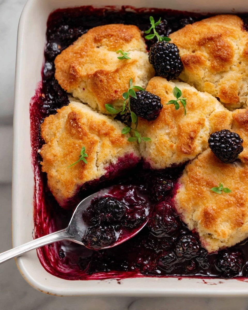 The image shows a white baking dish with a layered blackberry cobbler. The base layer is made of dark purple cooked blackberries with a juicy, syrupy texture, filling the dish. On top, there are about four pieces of golden-brown biscuit dough, with a slightly rough, crumbly texture and a crisp surface. Some fresh whole blackberries and small green herb leaves are placed on the biscuit layer for decoration. A silver spoon is scooping out some of the blackberry filling from one side of the dish, resting in the open space. The dish is set on a white marbled surface. Photo taken with an iphone --ar 4:5 --v 7