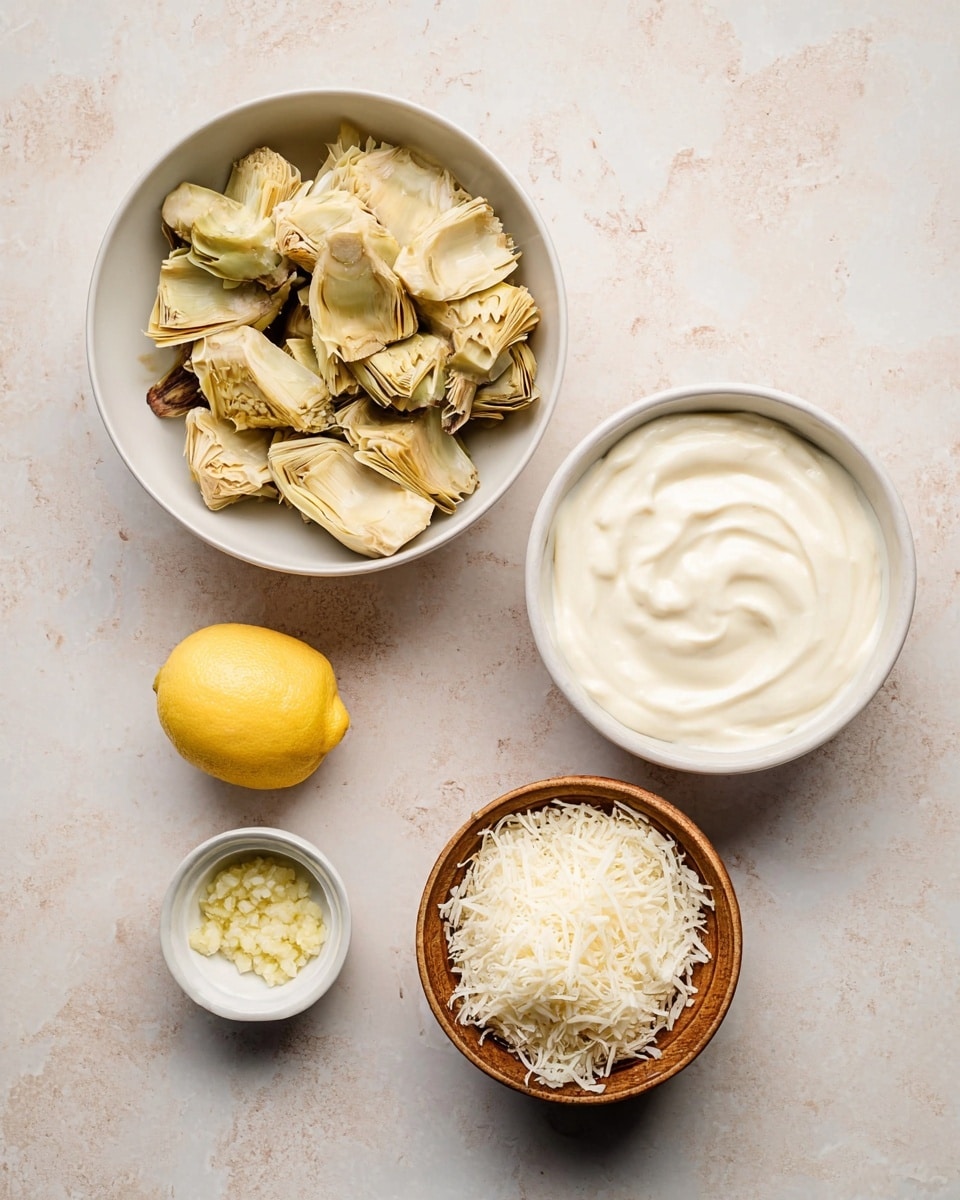 The image shows four white bowls and one wooden bowl arranged on a white marbled surface. The largest white bowl at the top left is filled with chopped artichoke pieces, pale yellow with green and brown edges and a soft texture. At the top right, a medium white bowl has a smooth, creamy white sauce with gentle swirls on the surface. Below the artichokes, there is a half lemon with a bright yellow inside and a smooth, shiny texture. To the bottom left, a small white bowl holds a small amount of minced garlic, pale yellow with bits of green. The wooden bowl at the bottom right is filled with finely shredded white cheese, fluffy and light in texture. Photo taken with an iphone --ar 4:5 --v 7