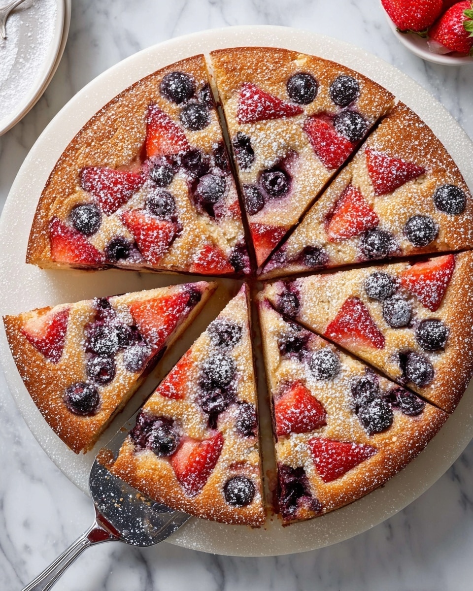 A slice of fruit cake sits on a white plate with a thin dark rim, showing one thick layer of golden-brown cake with visible pieces of red raspberries, deep purple blueberries, and a bright red strawberry embedded inside and on top. The cake is sprinkled with light white powdered sugar that contrasts with the colorful berries. A small piece of the cake is held on a silver fork near the front edge of the plate. The background is a white marbled texture. Photo taken with an iphone --ar 4:5 --v 7
