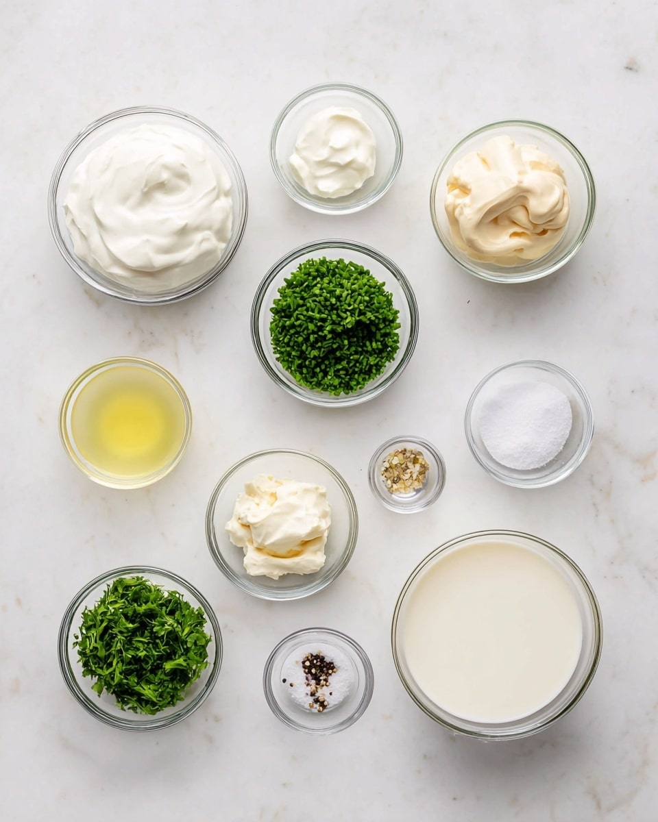 There are ten small clear glass bowls arranged on a white marbled surface. From the top left moving to the right, the first large bowl holds thick white sour cream, the middle bowl contains chopped dark green chives, and the right bowl has thick off-white mayonnaise. Below the sour cream, a small bowl contains a light yellow liquid which looks like lemon juice. To its right, a tiny bowl has a small pile of white salt, next is a medium bowl with black pepper, and further right is another small bowl with minced garlic. On the bottom left, a medium bowl holds chopped deep green parsley. Right next to it is a tiny bowl of more white salt. On the bottom right side, a larger bowl is filled with light creamy milk. The bowls are neatly spaced and clearly show each ingredient's texture and color. Photo taken with an iphone --ar 4:5 --v 7