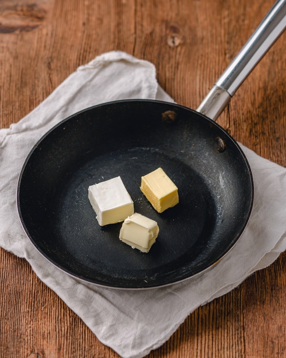 A black pan is placed on a white cloth on a wooden surface. Inside the pan, there are three small cubes of butter; one is creamy white, another is pale yellow, and the third is a mix of white and yellow. The pan handle is silver and extends upward to the right, catching some light. The scene is simple and rustic with soft natural light highlighting the textures of the butter and pan. Photo taken with an iphone --ar 4:5 --v 7