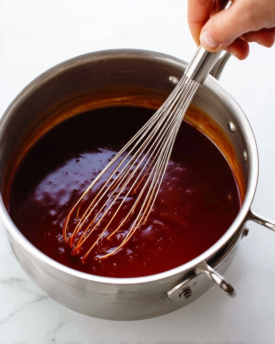 A close-up view of a shiny silver pot filled with deep reddish-brown sauce. A woman’s hand holds a metal whisk stirring the sauce, showing streaks of sauce on the whisk wires. The pot sits on a surface with a white marbled texture, and the background is bright white, making the sauce color stand out. The metal pot has visible handles and rivets adding a sturdy look. photo taken with an iphone --ar 4:5 --v 7