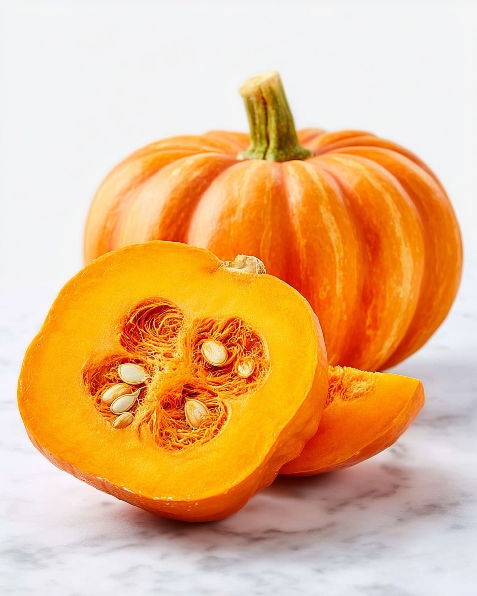 The image shows two pumpkins with a smooth, shiny orange skin and light ridges. One pumpkin is whole with a short green stem, and the other is cut in half, showing bright orange flesh with a dense texture and a central cavity filled with stringy, fibrous material and pale pumpkin seeds. Both pumpkins rest on a white marbled surface with bright, even lighting. photo taken with an iphone --ar 4:5 --v 7