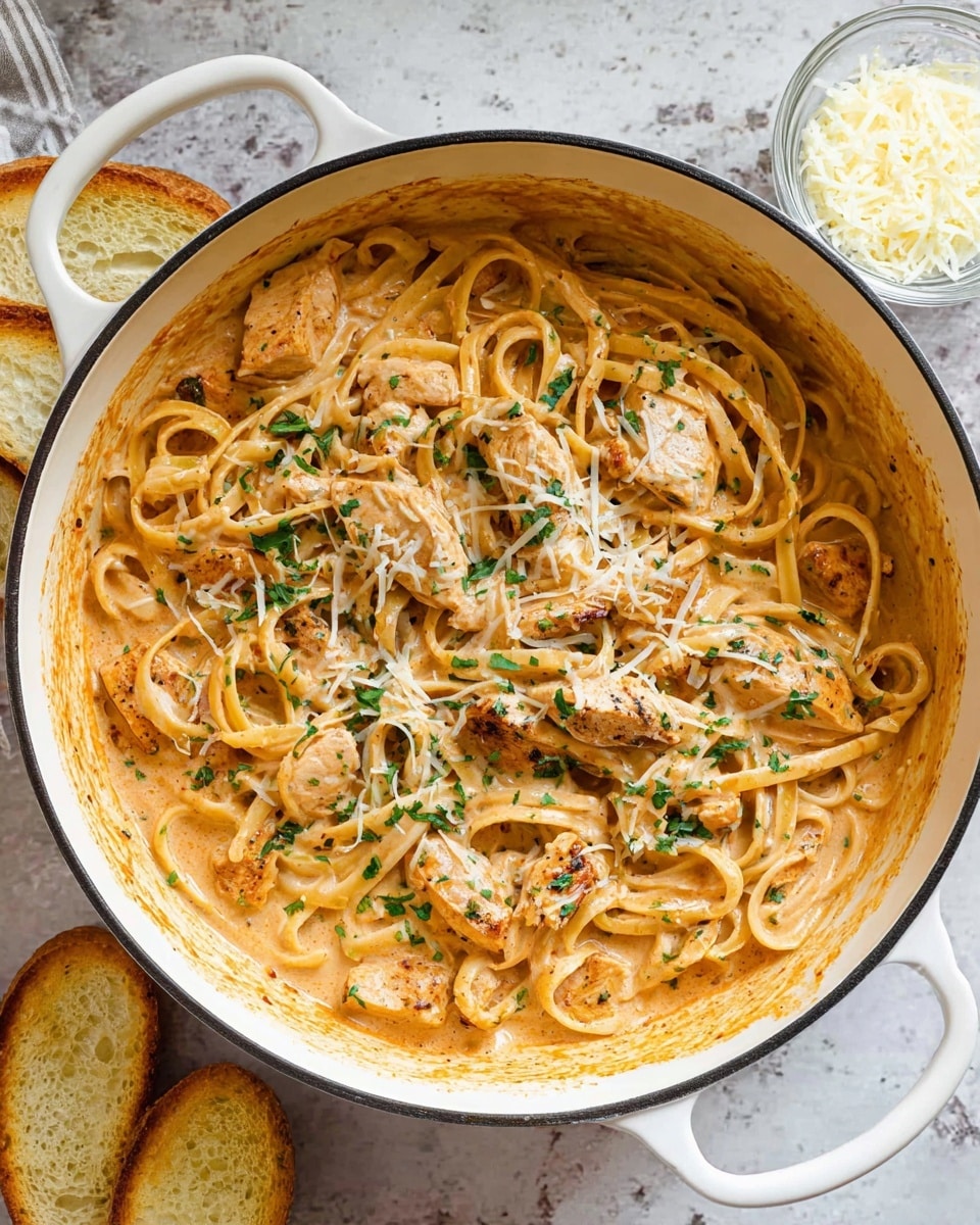 A large white cast iron pot filled with creamy pasta showing two main layers: the bottom layer is thick, light orange sauce with a smooth texture, and the top layer is flat, long noodles twisted together mixed with round slices of light brown cooked chicken pieces spread evenly, topped with small fresh green herb bits and light thin cheese shavings. The pot is on a white marbled surface, with a small clear bowl filled with grated pale yellow cheese nearby and two pieces of pale toasted bread partly in the frame. photo taken with an iphone --ar 4:5 --v 7