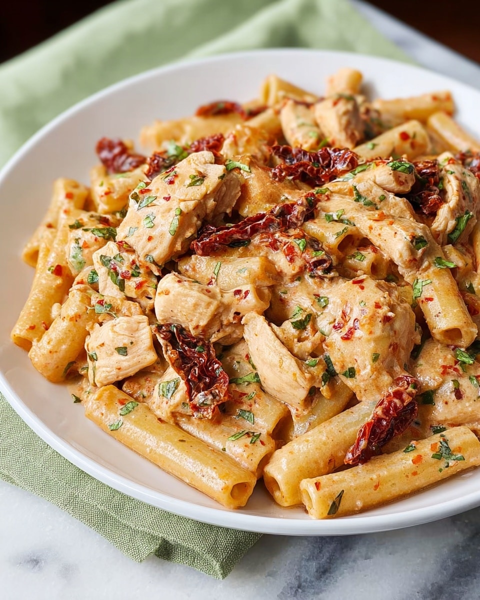 A white plate filled with a creamy pasta dish with three layers of ingredients visible. The bottom layer is short tube-shaped pasta in a light beige color. The middle layer has pieces of cooked chicken in a light brown shade, irregularly placed across the pasta. The top layer adds dark red sun-dried tomatoes and green herbs scattered evenly, creating a colorful contrast. The sauce covering all layers is creamy and light orange with specks of red chili flakes and green herbs spread on top. The dish sits on a white marbled surface with a green linen napkin partially visible beneath the plate. photo taken with an iphone --ar 4:5 --v 7