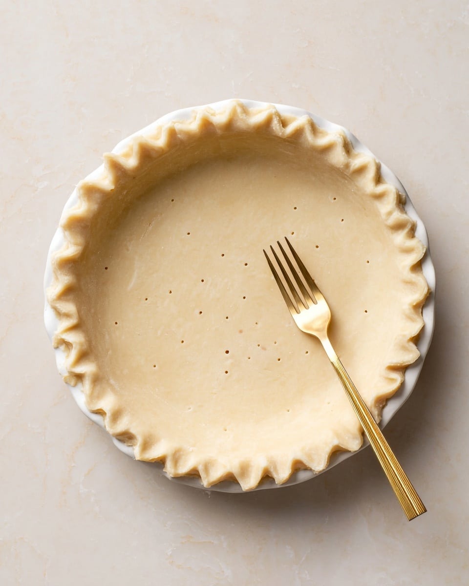 A close-up of one layer pie dough pressed into a white pie plate with a crimped edge around the circle. The dough is light beige and smooth with small fork holes evenly spaced in the center. A golden fork is resting inside the pie plate on the dough near the bottom right edge. The plate is placed on a white marbled surface. photo taken with an iphone --ar 4:5 --v 7