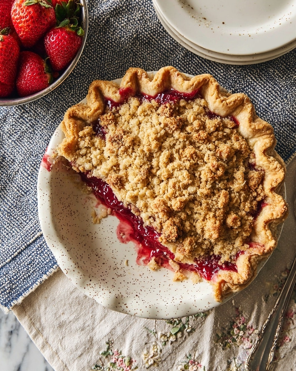 A close-up of a round berry pie with three layers: the bottom layer is a light golden brown flaky crust with a rippled edge, the middle layer is a thick, vibrant red berry filling slightly oozing near the edges, and the top layer is a crumbly oat streusel topping with a golden color and some darker toasted spots, showing coarse texture. The pie is placed on a white plate with small brown speckles, all set on a white marbled surface with a blue and off-white woven cloth underneath. On the upper left corner, there is part of a metal bowl filled with bright red strawberries, and at the top center, there are stacked white plates. On the right edge, a beige cloth with embroidered detail and a part of a silver fork are visible. Photo taken with an iphone --ar 4:5 --v 7