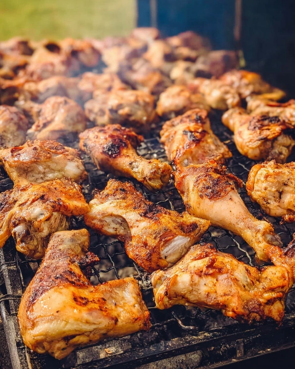 The image shows many pieces of grilled chicken arranged close together on a black metal grill. The chicken pieces vary in size and shape, mostly drumsticks and thighs, with a golden-brown color and some darker char marks. The grill has a grid pattern and is set outdoors with a hint of grass in the blurred background. Smoke lightly rises around the chicken, giving a freshly grilled appearance. The chicken skin looks crispy and well-cooked. photo taken with an iphone --ar 4:5 --v 7