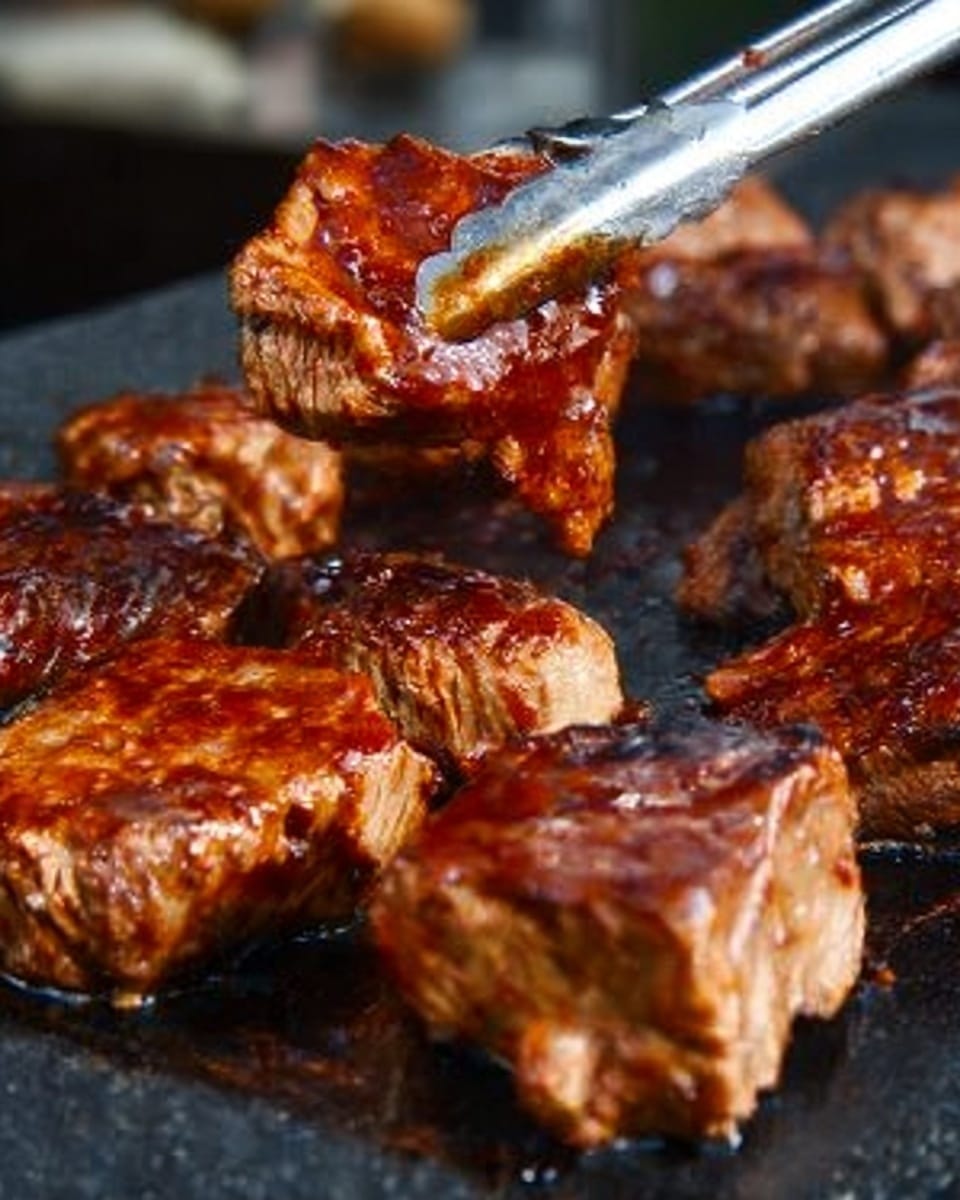 The image shows several pieces of grilled meat with a thick reddish-brown sauce on top, placed on a black grill surface. The meat pieces have a slightly charred outside, showing texture with some light and dark brown spots. A pair of silver metal tongs hold one piece of meat lifted above the grill, highlighting the juicy and slightly shiny texture of the sauce. The background features a white marbled texture. photo taken with an iphone --ar 4:5 --v 7