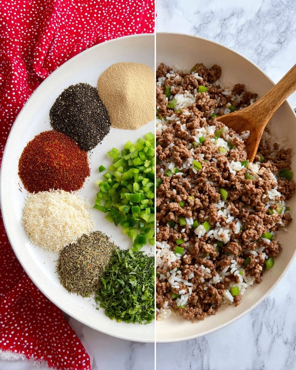 A white plate holds seven piles of different dry spices arranged in a circle with varied colors: light beige, black, white, reddish-brown, greenish-black, and two shades of brown. Next, a white frying pan contains cooked ground meat mixed with chopped green bell peppers and white onions, spread evenly. Finally, the same white frying pan shows a cooked mixture of ground meat, white rice, green bell peppers, and herbs stirred together with a wooden spoon inside. The scene is set on a white marbled surface with a red cloth with white dots nearby. Photo taken with an iphone --ar 4:5 --v 7