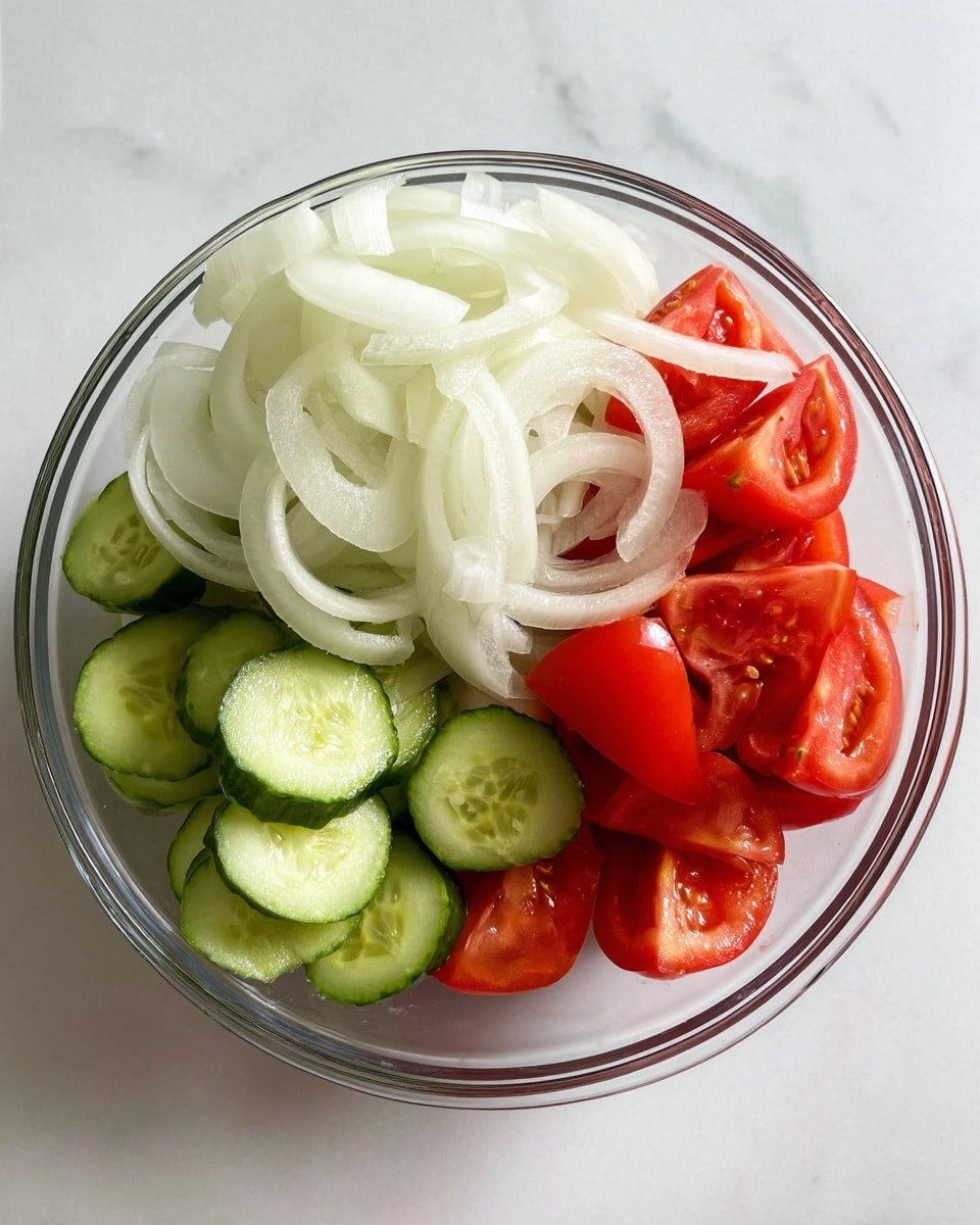 A clear glass bowl with three sections of fresh vegetables layered inside. At the top is a pile of thin white onion slices with a smooth texture, in the left and right sections there are bright green cucumber slices with a slightly shiny, crisp appearance, and at the bottom, there are several red tomato wedges showing soft, wet interiors and shiny skins. The bowl sits on a white marbled surface. Photo taken with an iphone --ar 4:5 --v 7