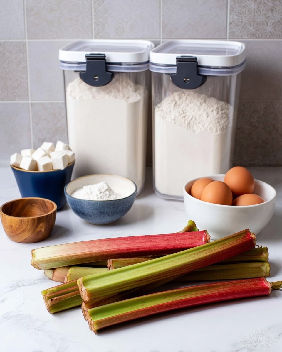 The image shows a group of long rhubarb stalks lying flat on a white marbled surface, their colors blending green and red in smooth textures. Behind the stalks, two clear containers filled with white flour stand tall with white lids and dark clips. To the left, there is a small blue bowl filled with small white cubes, and next to it, a small empty wooden bowl sits on the surface. On the right side, a white bowl holds three brown eggs with a smooth surface. The background is tiled with soft gray squares, adding subtle detail. Photo taken with an iphone --ar 4:5 --v 7