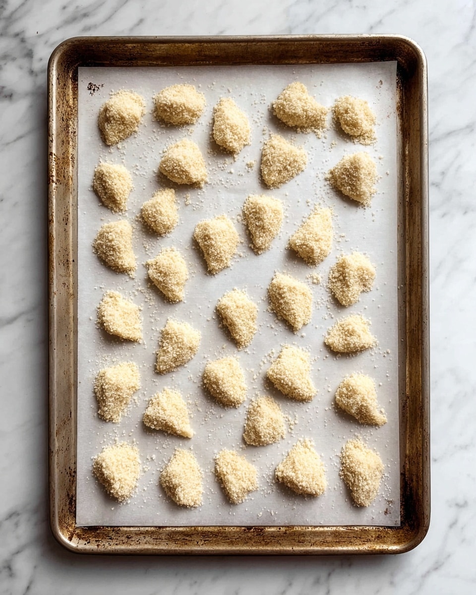 A baking tray covered with white parchment paper holds around thirty small, irregularly shaped pieces of food coated with coarse light beige crumbs spread in rows across the tray; the tray itself looks rustic and used, with a metallic surface showing brown spots and wear, all placed on a white marbled surface. photo taken with an iphone --ar 4:5 --v 7