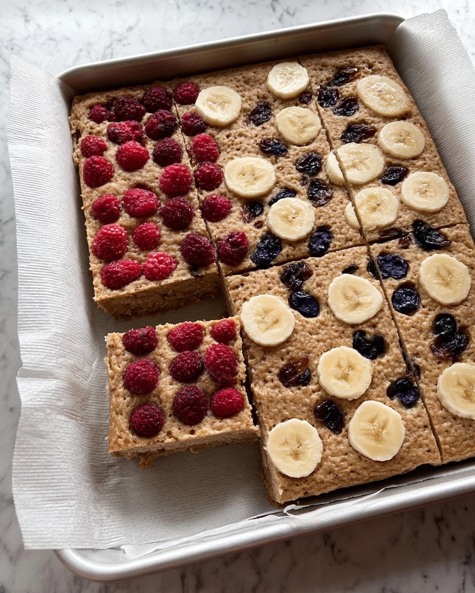 A rectangular baked dish divided into four sections, each with a light brown crust and topped with different fruits. The first section on the left has whole red raspberries arranged in neat rows. The second section has dark purple blueberry halves spread evenly on the top. The third section is decorated with scattered dark raisins, and the fourth section on the right is topped with thin, round banana slices placed uniformly. One square piece is cut out from the raisin section, showing the soft, dense inner texture. The baking tray is lined with white parchment paper, and the tray rests on a white marbled surface. Photo taken with an iphone --ar 4:5 --v 7