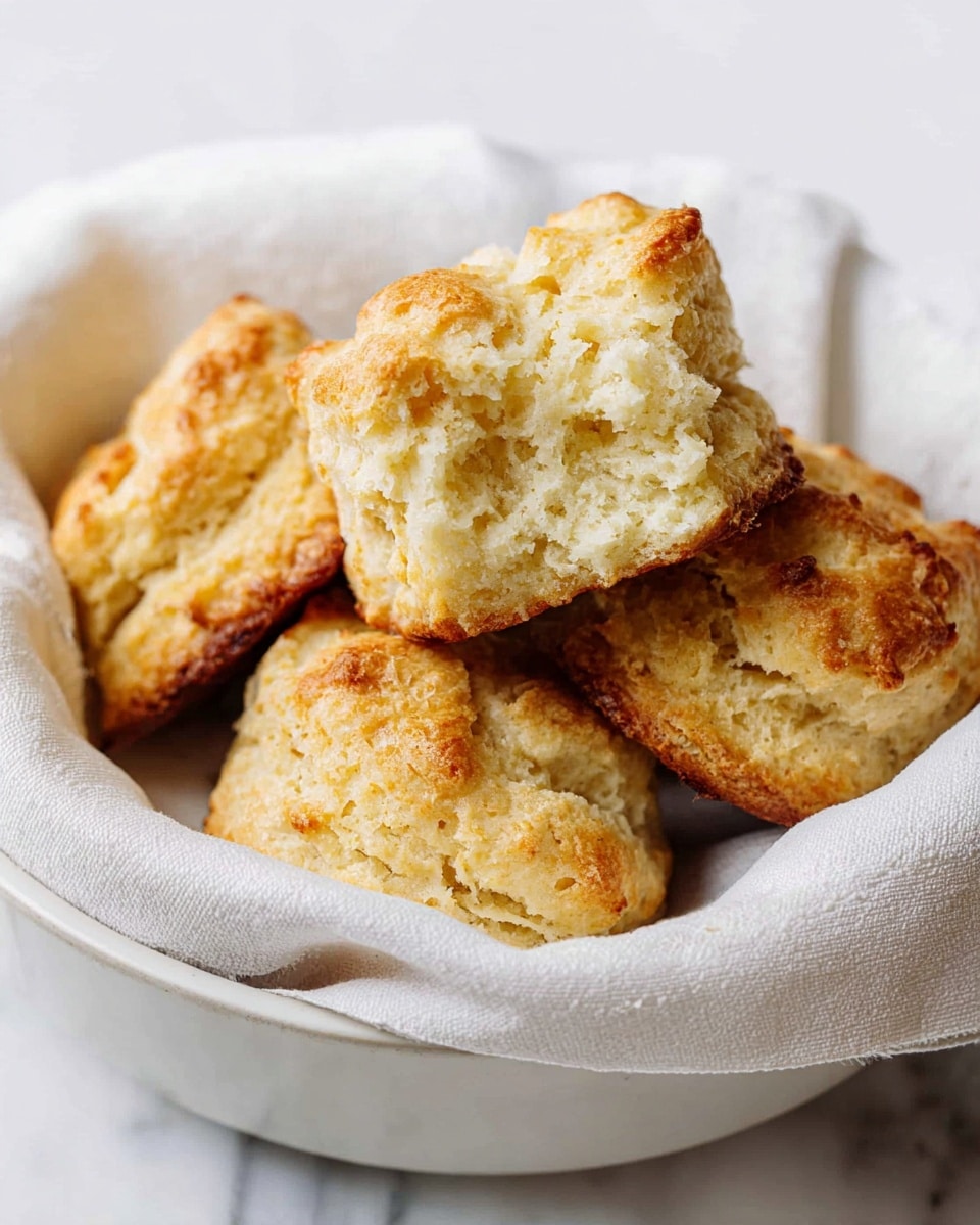 The image shows a white bowl lined with a soft white cloth, holding several pieces of warm, golden-brown biscuits. The biscuits have a rough and crumbly texture with a light, fluffy inside visible on the top piece. The outer crust of the biscuits is slightly darker and has a crispy appearance. The bowl sits on a white marbled surface, creating a clean and bright setting. photo taken with an iphone --ar 4:5 --v 7