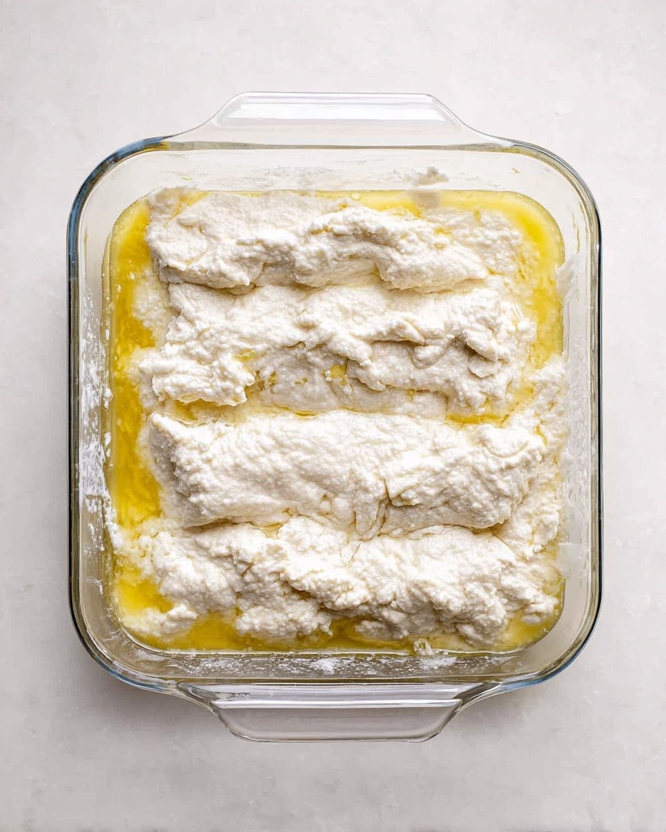 A square clear glass baking dish with two flat handles is filled with a batter or dough that is white and fluffy in texture, spread evenly across the dish. The batter sits in a pool of melted yellow butter or oil, creating a shiny surface around the edges and between some sections. The dish is placed on a white marbled textured surface, and soft shadows are visible around it. The batter has an uneven but thick layer, with slight cracks and peaks giving it a rough, homemade look. photo taken with an iphone --ar 4:5 --v 7