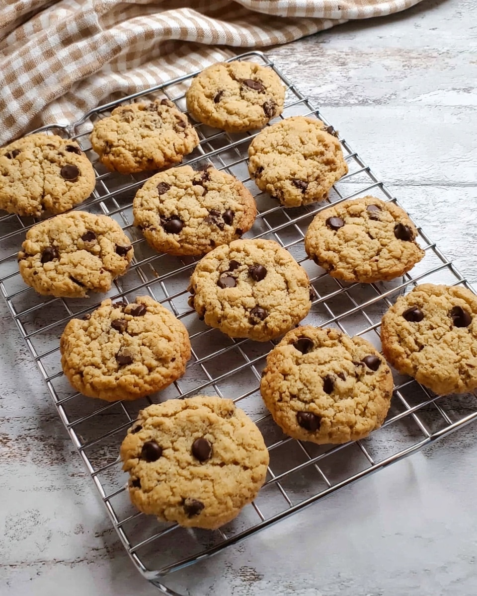 Several light golden cookies with chocolate chips are arranged neatly on a metal wire cooling rack. The cookies are round with a slightly uneven, crumbly texture and small cracks on their surface. The rack sits on a rustic white marbled textured surface, with a beige and white checkered cloth partially visible in the background. The overall look is warm and inviting, showing the cookies cooling after baking. photo taken with an iphone --ar 4:5 --v 7