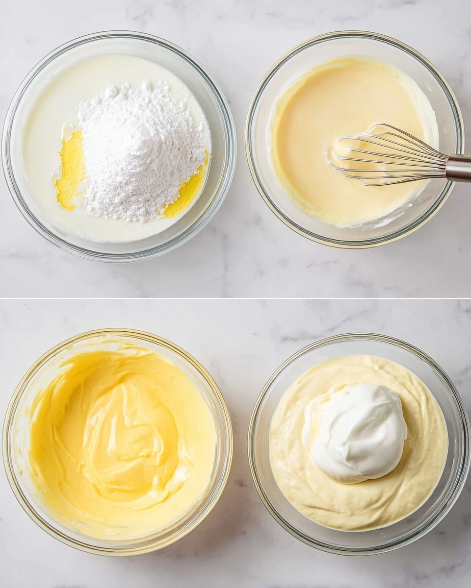 The image shows four glass bowls on a white marbled surface, each containing different stages of a creamy mixture. The first bowl has a white liquid with a mound of white powder on top and some yellow spots around it, with a whisk resting next to it. The second bowl holds a smooth pale yellow mixture with a small dollop on top and the whisk nearby. The third bowl contains a bright yellow base with a large dollop of thick white cream placed on one side. The fourth bowl shows a thick, smooth, pale cream mixture spread evenly inside. Photo taken with an iphone --ar 4:5 --v 7