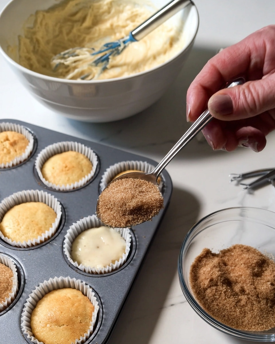 A close-up image shows a woman's hand holding a silver teaspoon with brown sugar and cinnamon mix over a muffin tin. The muffin tin has six white paper liners filled with a light yellow batter in different amounts. Behind the tin, there is a white bowl filled with the same light yellow batter and a mixing spoon inside it. To the right of the muffin tin is a small clear glass bowl full of the brown sugar and cinnamon mix. The whole setup is on a white marbled surface. photo taken with an iphone --ar 4:5 --v 7