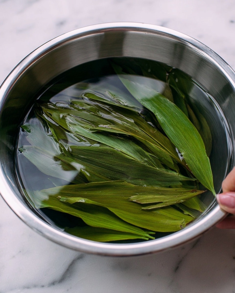 A shiny silver bowl holds a bunch of green leaves soaking in clear water. The leaves are long, narrow, and pointed at the ends, layered with some overlapping each other. They have a smooth texture with slightly visible veins and vary in shades of dark and light green. The bowl is placed on a white marbled surface, and there is a woman's hand partly visible at the edge, touching the bowl. photo taken with an iphone --ar 4:5 --v 7