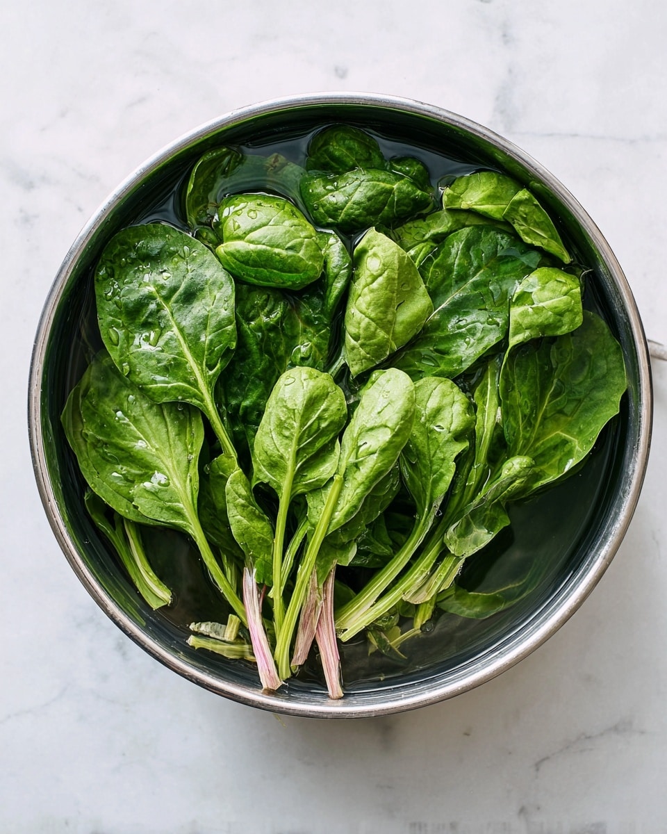 A metal bowl filled with fresh green spinach leaves resting inside water, the spinach leaves are vibrant and varied shades of green with some water droplets on them, the stems of the spinach are visible and sit at the bottom of the bowl showing light pinkish and pale green colors, the bowl is placed on a white marbled surface, no other items are visible photo taken with an iphone --ar 4:5 --v 7