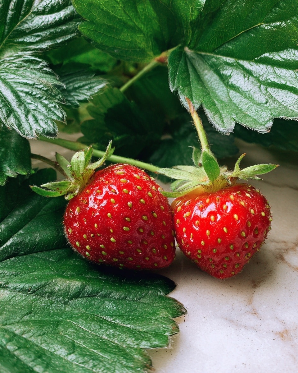 The image shows two bright red strawberries with fresh green leaves still attached, lying close together on a white marbled surface. Their seeds are small and visible across the shiny skin, and the green leafy tops are fresh and vibrant. Large green strawberry plant leaves surround the strawberries in the background, showing detailed veins and natural texture. Photo taken with an iphone --ar 4:5 --v 7