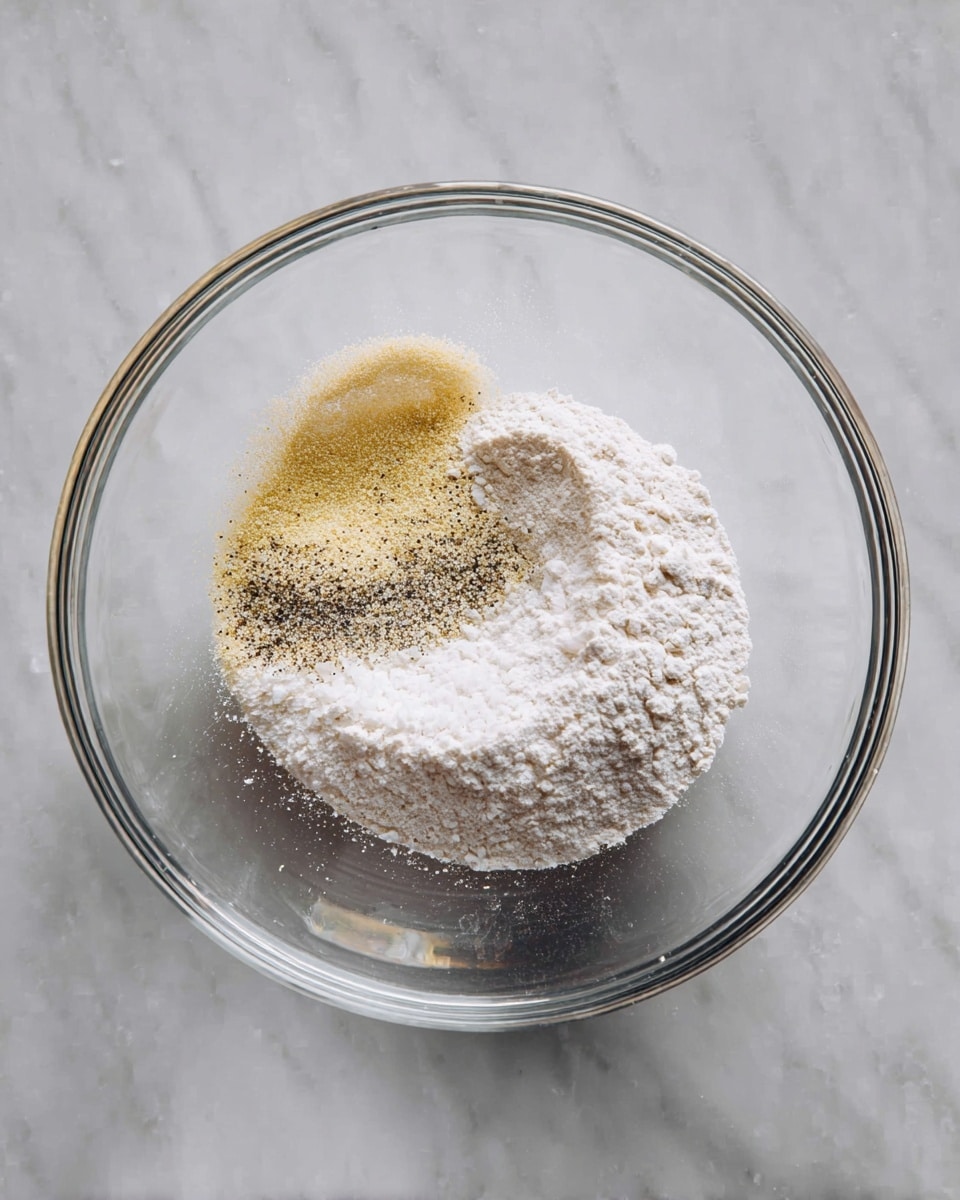 A clear glass bowl sits on a white marbled surface, holding four layers of dry ingredients. The largest layer is white flour with a light, powdery texture, positioned to the right side inside the bowl. Next to the flour, to the left, is a small mound of yellowish fine powder, possibly garlic or onion powder. Above it is a line of partially crushed black pepper mixed with a light beige powder, likely yeast or another spice, forming a curved ridge. There is also a small area of pure white salt crystals nestled within the yellow powder. The overall scene is well-lit with soft natural light, showing clear and distinct textures of each dry ingredient inside the glass bowl photo taken with an iphone --ar 4:5 --v 7